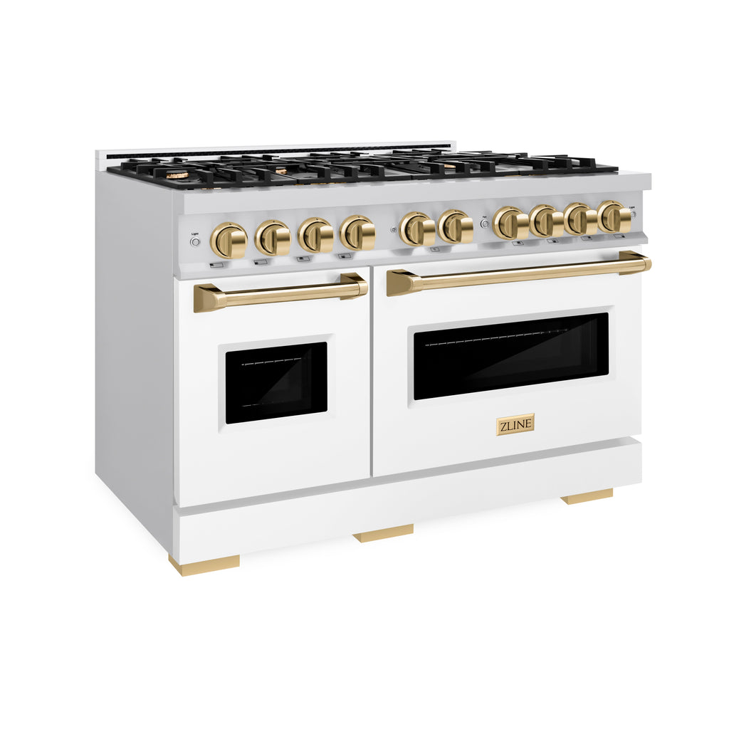 ZLINE 48 in. Classic Double Oven Gas Range 6.7 cu. ft. 8 Burners Stainless Steel White Matte Doors Polished Gold Accents (CGRZ-WM-48-G)