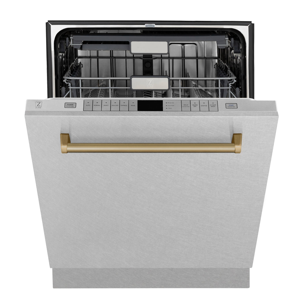 ZLINE Autograph 24" Monument Series 3rd Rack Top Touch Control Tall Tub Dishwasher with Satin Stainless Steel Panel and Champagne Bronze Handle, 45dBa, DWMTZ-SN-24-CB