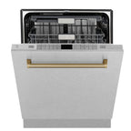ZLINE Autograph 24" Monument Series 3rd Rack Top Touch Control Tall Tub Dishwasher with Satin Stainless Steel Panel and Champagne Bronze Handle, 45dBa, DWMTZ-SN-24-CB