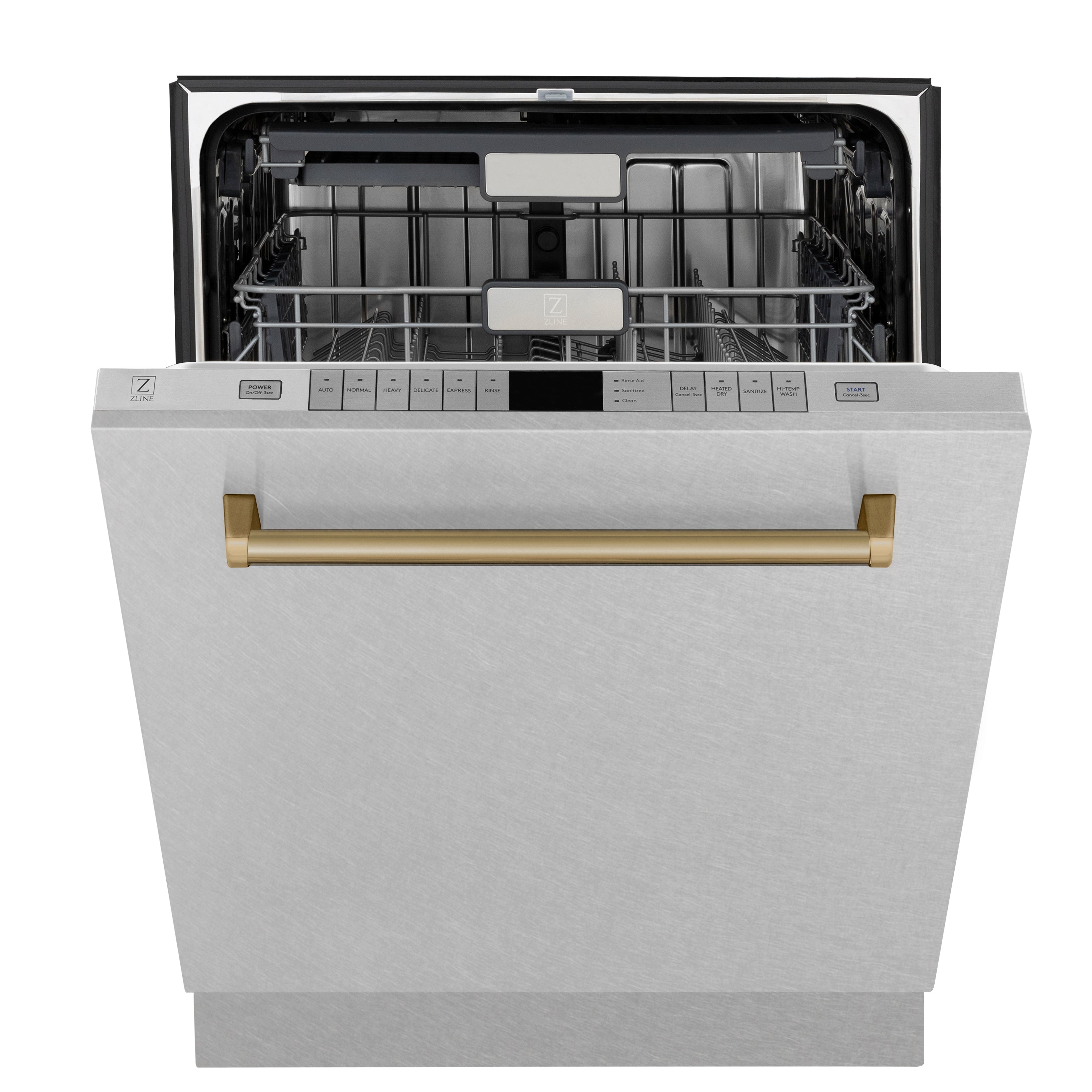 ZLINE Autograph 24" Monument Series 3rd Rack Top Touch Control Tall Tub Dishwasher with Satin Stainless Steel Panel and Champagne Bronze Handle, 45dBa, DWMTZ-SN-24-CB