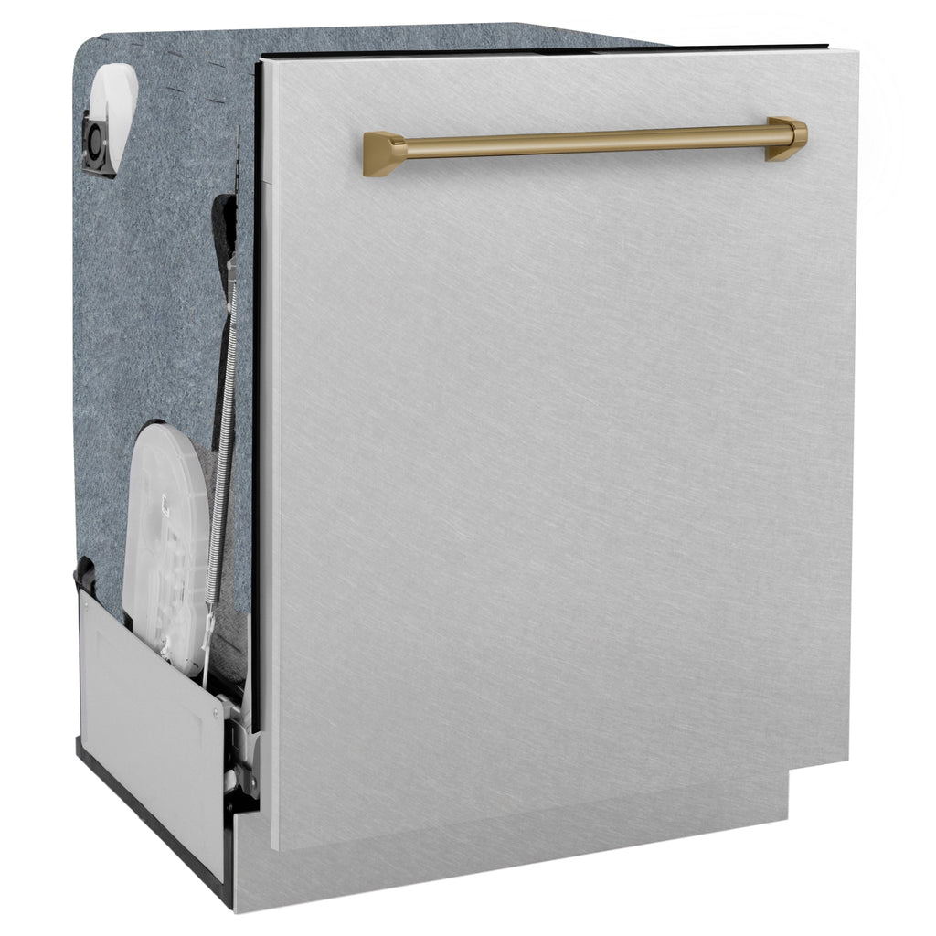 ZLINE Autograph 24" Monument Series 3rd Rack Top Touch Control Tall Tub Dishwasher with Satin Stainless Steel Panel and Champagne Bronze Handle, 45dBa, DWMTZ-SN-24-CB