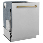ZLINE Autograph 24" Monument Series 3rd Rack Top Touch Control Tall Tub Dishwasher with Satin Stainless Steel Panel and Champagne Bronze Handle, 45dBa, DWMTZ-SN-24-CB