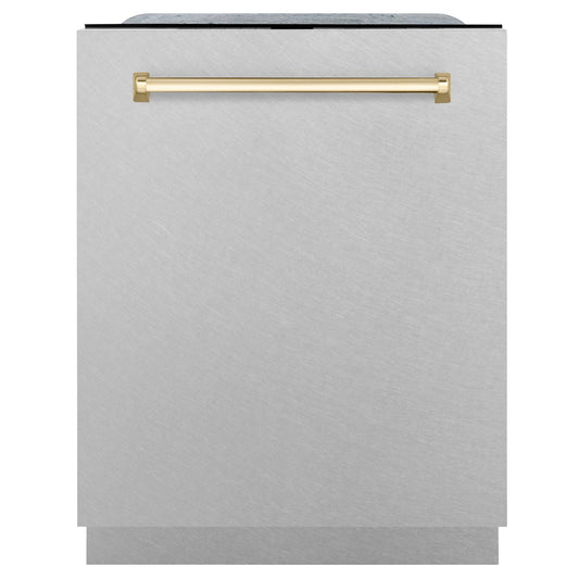 ZLINE Autograph 24" Monument Series 3rd Rack Top Touch Control Tall Tub Dishwasher with Satin Stainless Steel Panel and Polished Gold Handle, 45dBa, DWMTZ-SN-24-G