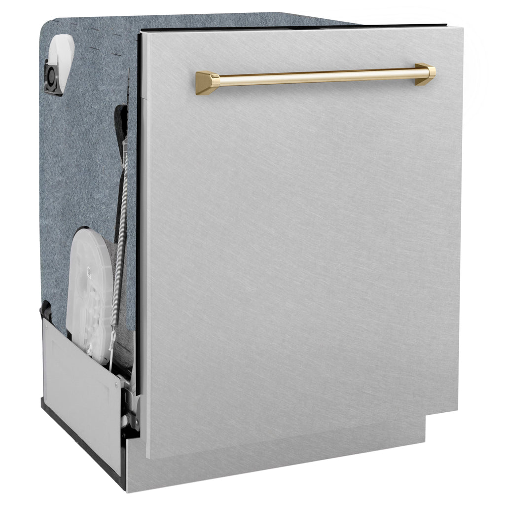 ZLINE Autograph 24" Monument Series 3rd Rack Top Touch Control Tall Tub Dishwasher with Satin Stainless Steel Panel and Polished Gold Handle, 45dBa, DWMTZ-SN-24-G