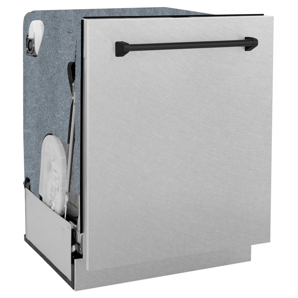 ZLINE Autograph 24" Monument Series 3rd Rack Top Control Built-In Tall Tub Dishwasher with Satin Stainless Steel Panel and Matte Black Handle, 45dBa, DWMTZ-SN-24-MB