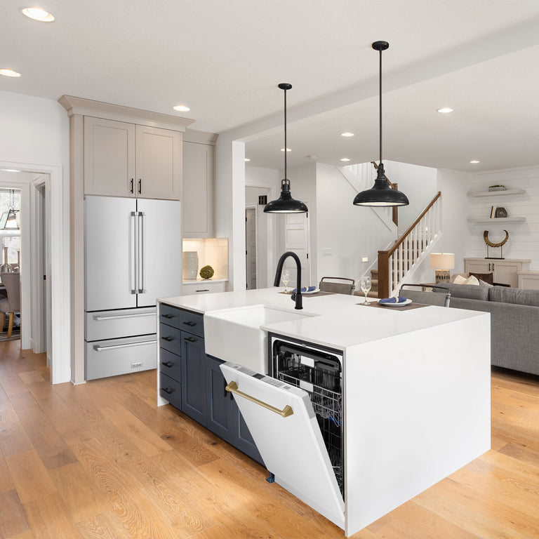 ZLINE Autograph Package - 48" Dual Fuel Range, Range Hood, and Dishwasher in White Matte and Satin Stainless Steel with Bronze Accents, 3AKPR-RASWMRHDWM48-CB
