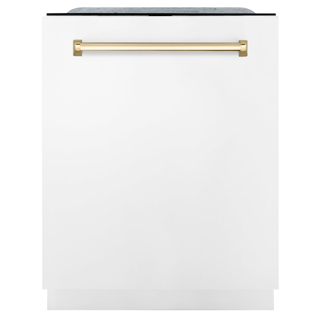 ZLINE Autograph Edition 24 inch Tall Dishwasher, Touch Control, in White Matte with Gold Handle, DWMTZ-WM-24-G