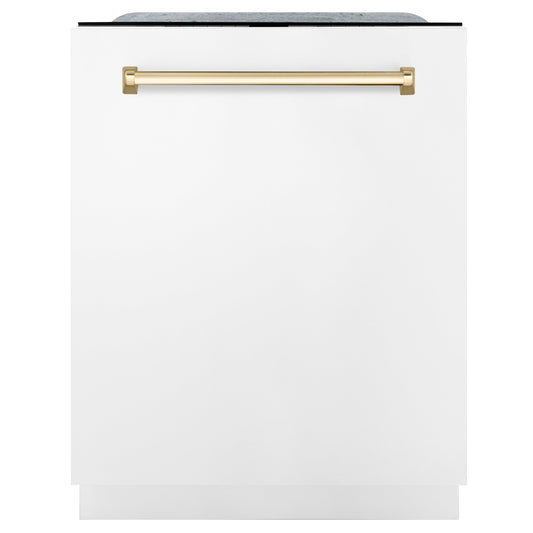 ZLINE Autograph Edition 24 inch Tall Dishwasher, Touch Control, in White Matte with Gold Handle, DWMTZ-WM-24-G