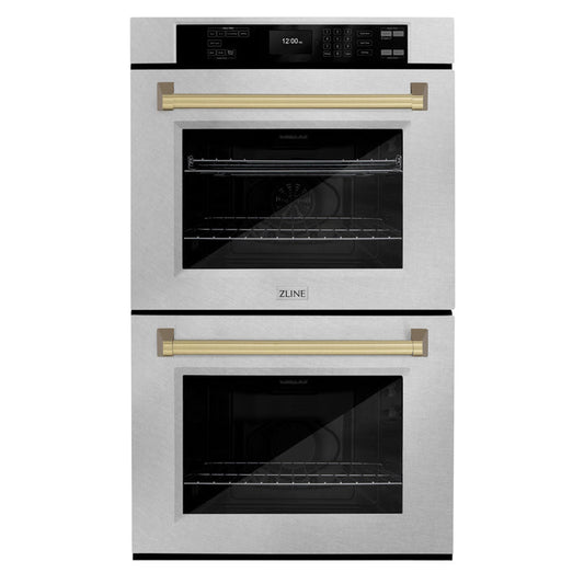 ZLINE 30" Autograph Professional True Convection Double Wall Oven with Air Fry and Self Clean in Satin Stainless Steel with Champagne Bronze Handles, WADSZ-30-CB