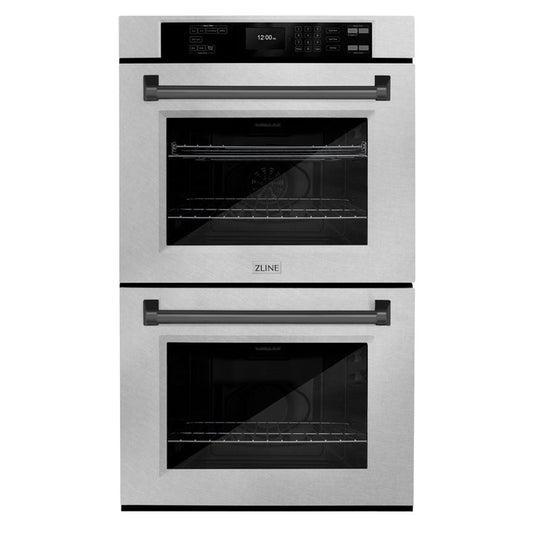 ZLINE 30" Autograph Professional True Convection Double Wall Oven with Air Fry and Self Clean in Satin Stainless Steel with Matte Black Handles, WADSZ-30-MB