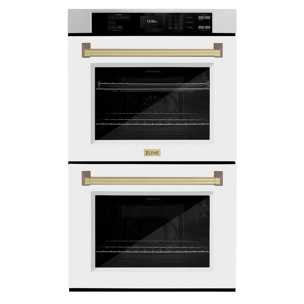 ZLINE 30" Autograph Professional True Convection Double Wall Oven with Air Fry and Self Clean in Satin Stainless Steel with White Matte Doors and Champagne Bronze Handles, WADSZ-WM-30-CB