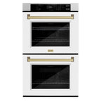 ZLINE 30" Autograph Professional True Convection Double Wall Oven with Air Fry and Self Clean in Satin Stainless Steel with White Matte Doors and Champagne Bronze Handles, WADSZ-WM-30-CB