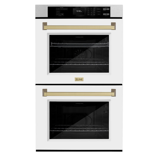 ZLINE 30" Autograph Professional True Convection Double Wall Oven with Air Fry and Self Clean in Satin Stainless Steel with White Matte Doors and Champagne Bronze Handles, WADSZ-WM-30-CB