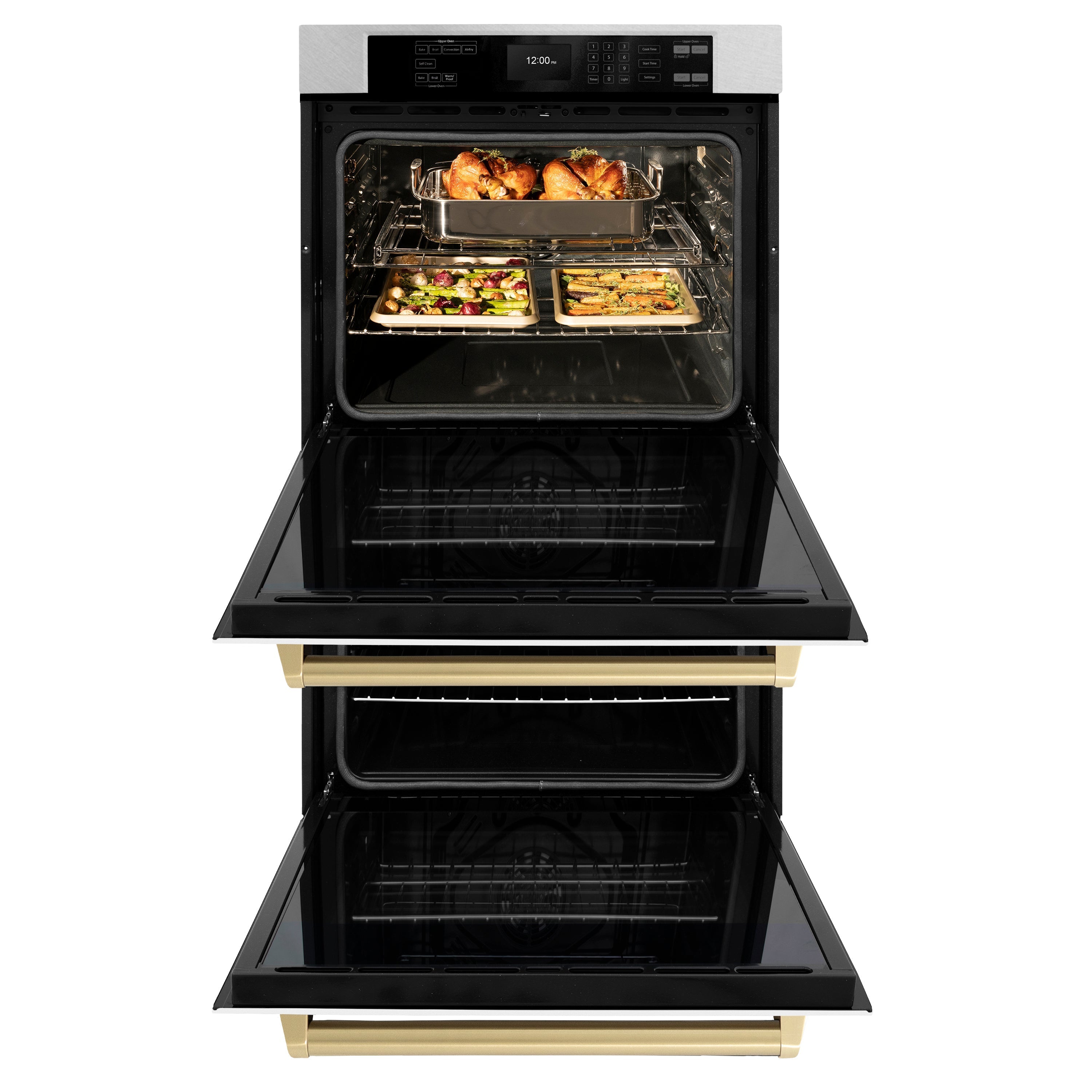 ZLINE 30" Autograph Professional True Convection Double Wall Oven with Air Fry and Self Clean in Satin Stainless Steel with White Matte Doors and Champagne Bronze Handles, WADSZ-WM-30-CB