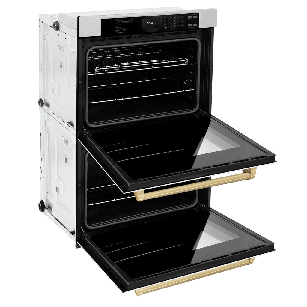 ZLINE 30" Autograph Professional True Convection Double Wall Oven with Air Fry and Self Clean in Satin Stainless Steel with White Matte Doors and Champagne Bronze Handles, WADSZ-WM-30-CB