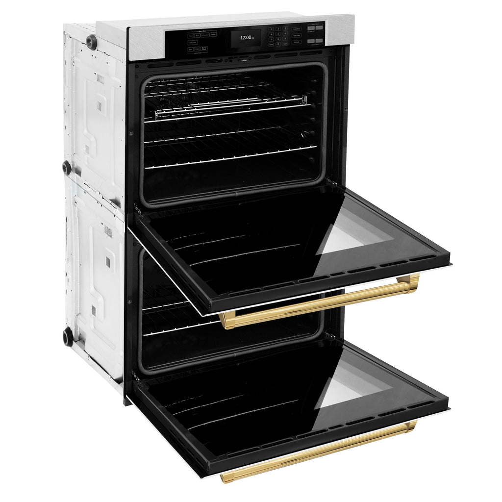 ZLINE 30" Autograph Professional True Convection Double Wall Oven with Air Fry and Self Clean in Satin Stainless Steel with White Matte Doors and Polished Gold Handles, WADSZ-WM-30-G