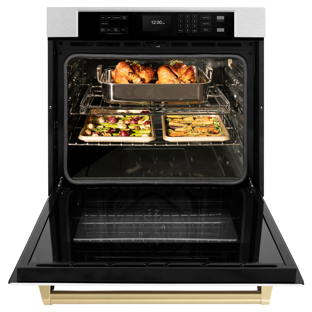 ZLINE 30" Autograph Professional True Convection Single Wall Oven with Air Fry and Self Clean in Satin Stainless Steel with White Matte Door and Champagne Bronze Handle, WASSZ-WM-30-CB