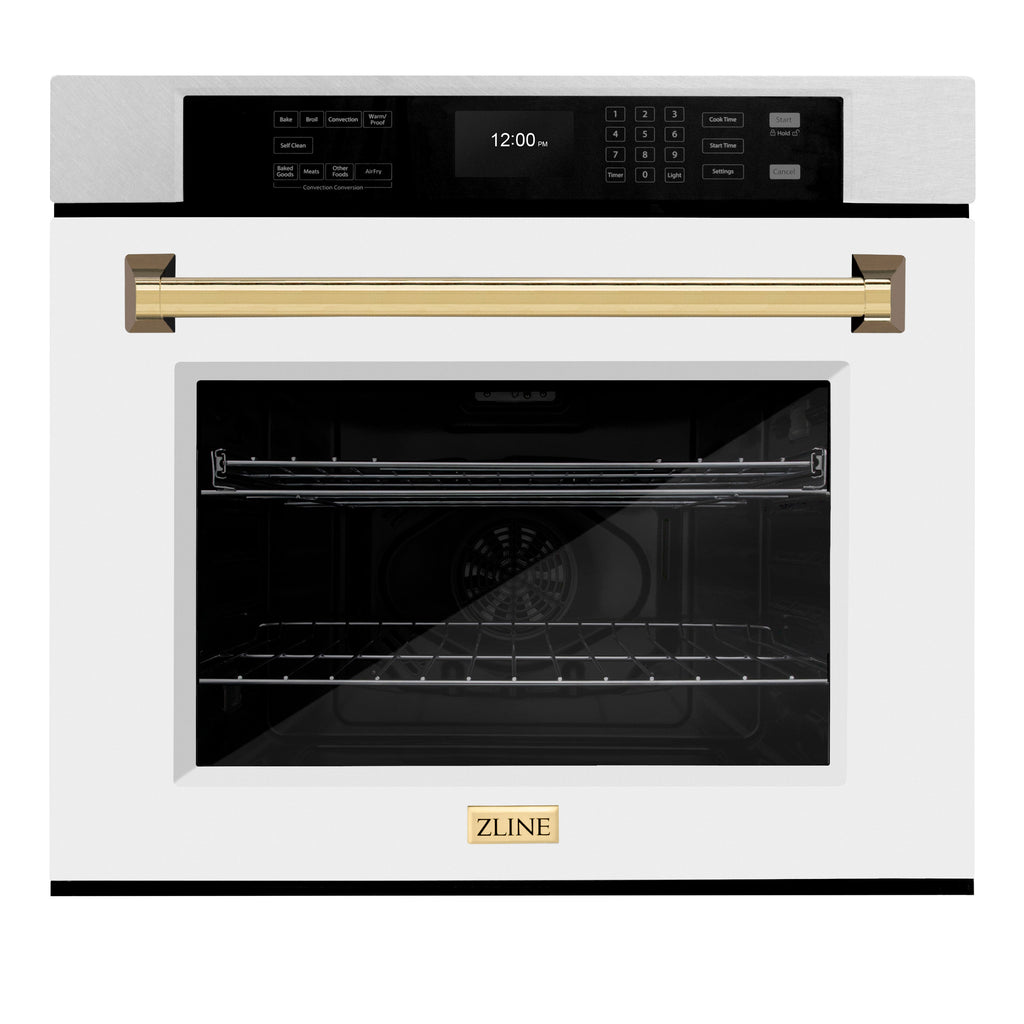 ZLINE 30" Autograph Professional True Convection Single Wall Oven with Air Fry and Self Clean in Satin Stainless Steel with White Matte Door and Polished Gold Handle, WASSZ-WM-30-G