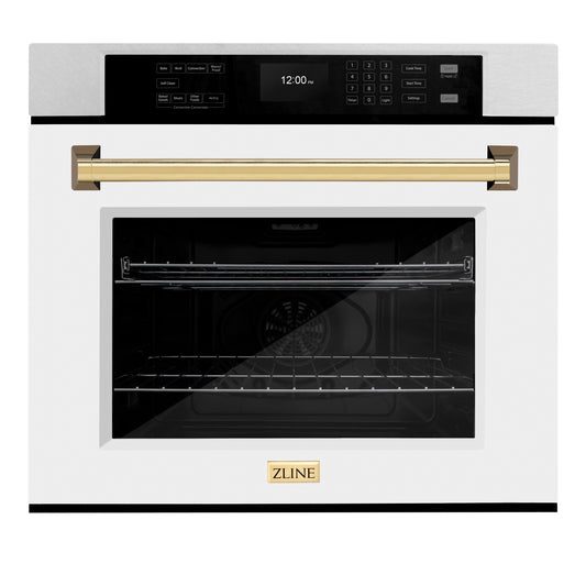 ZLINE 30" Autograph Professional True Convection Single Wall Oven with Air Fry and Self Clean in Satin Stainless Steel with White Matte Door and Polished Gold Handle, WASSZ-WM-30-G