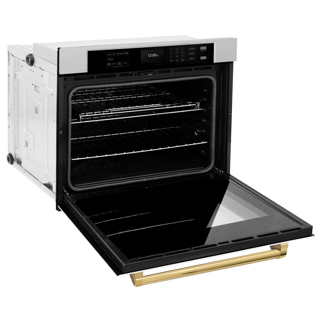 ZLINE 30" Autograph Professional True Convection Single Wall Oven with Air Fry and Self Clean in Satin Stainless Steel with White Matte Door and Polished Gold Handle, WASSZ-WM-30-G