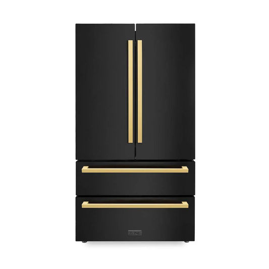 ZLINE 36" French Door Refrigerator 22.5 cu. ft. Black Stainless Steel Ice Maker Gold Square Handles (RFMZ-36-BS-FG)