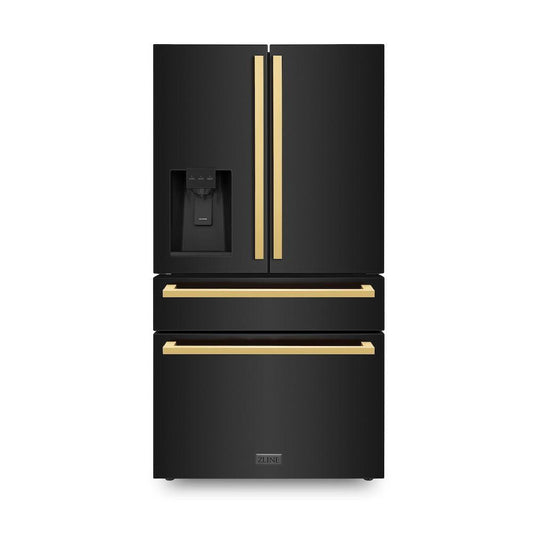 ZLINE 36-Inch French Door Refrigerator with Water & Ice Dispenser, Black Stainless Steel, Gold Square Handles (RFMZ-W-36-BS-FG)
