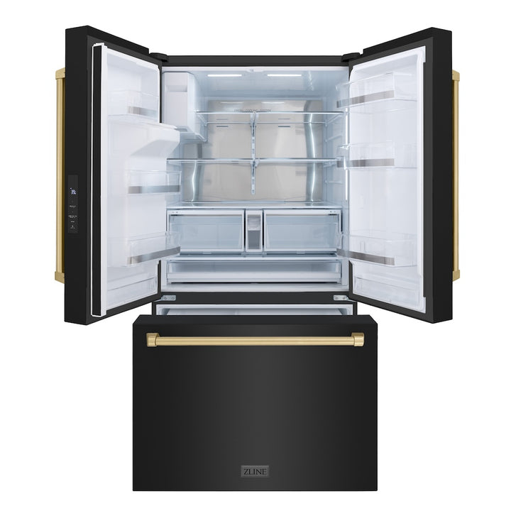 ZLINE 36" French Door Refrigerator 28.9 cu. ft. Standard-Depth Water Dispenser Dual Ice Maker Black Champagne Bronze Handles (RSMZ-W-36-BS-CB)
