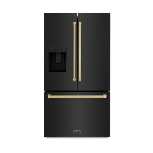 ZLINE 36" French Door Refrigerator 28.9 cu. ft. Standard-Depth Water Dispenser Dual Ice Maker Black Champagne Bronze Handles (RSMZ-W-36-BS-CB)