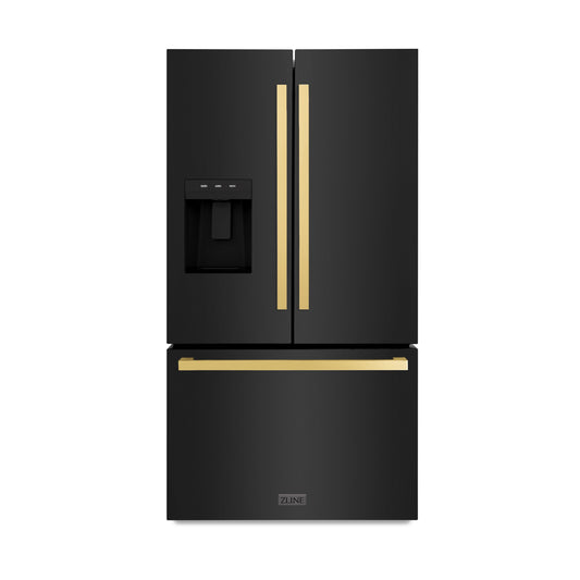 ZLINE 36 in. French Door Refrigerator 28.9 cu. ft. Standard Depth Water Dispenser Dual Ice Maker Black Gold Square Handles (RSMZ-W-36-BS-FG)