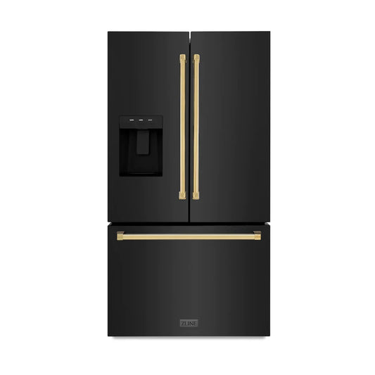 ZLINE 36" French Door Refrigerator 28.9 Cu. Ft. Standard-Depth with Water Dispenser, Dual Ice Maker, Black Finish, Gold Handles (RSMZ-W-36-BS-G)