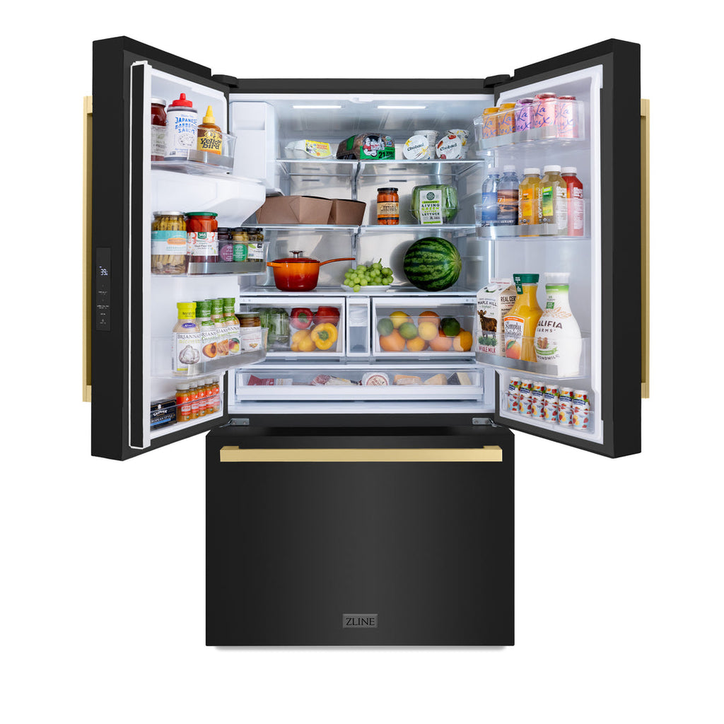 ZLINE 36 Inch Freestanding Refrigerator 28.9 Cu. Ft. Standard Depth Dual Ice Maker Water Dispenser Black Champagne Bronze Square Handles (RSMZ-W36-BS-FCB)
