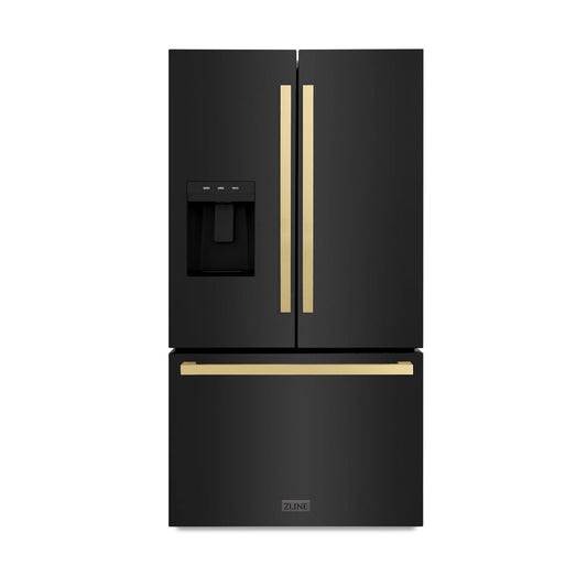 ZLINE 36 Inch Freestanding Refrigerator 28.9 Cu. Ft. Standard Depth Dual Ice Maker Water Dispenser Black Champagne Bronze Square Handles (RSMZ-W36-BS-FCB)