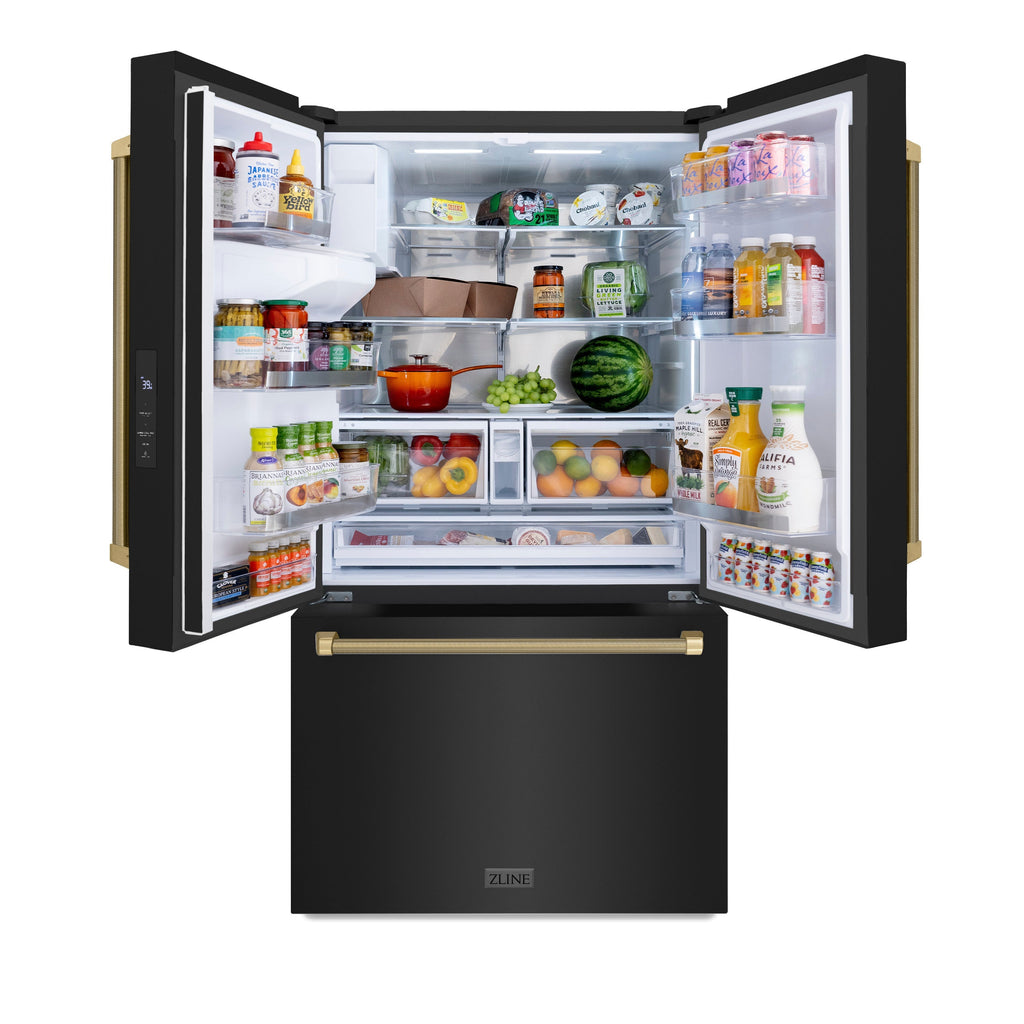 ZLINE 36 in. French Door Refrigerator, 28.9 Cu. Ft., Standard Depth, External Water Dispenser, Dual Ice Maker, Black Stainless Steel, Champagne Bronze Handles (RSMZ-W36-BS-KCB)