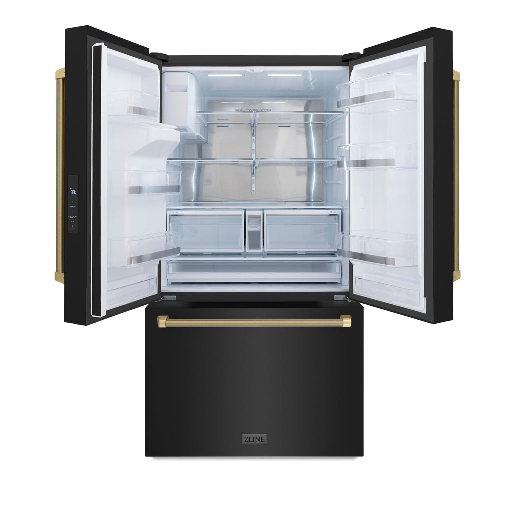 ZLINE 36 in. French Door Refrigerator, 28.9 Cu. Ft., Standard Depth, External Water Dispenser, Dual Ice Maker, Black Stainless Steel, Champagne Bronze Handles (RSMZ-W36-BS-KCB)