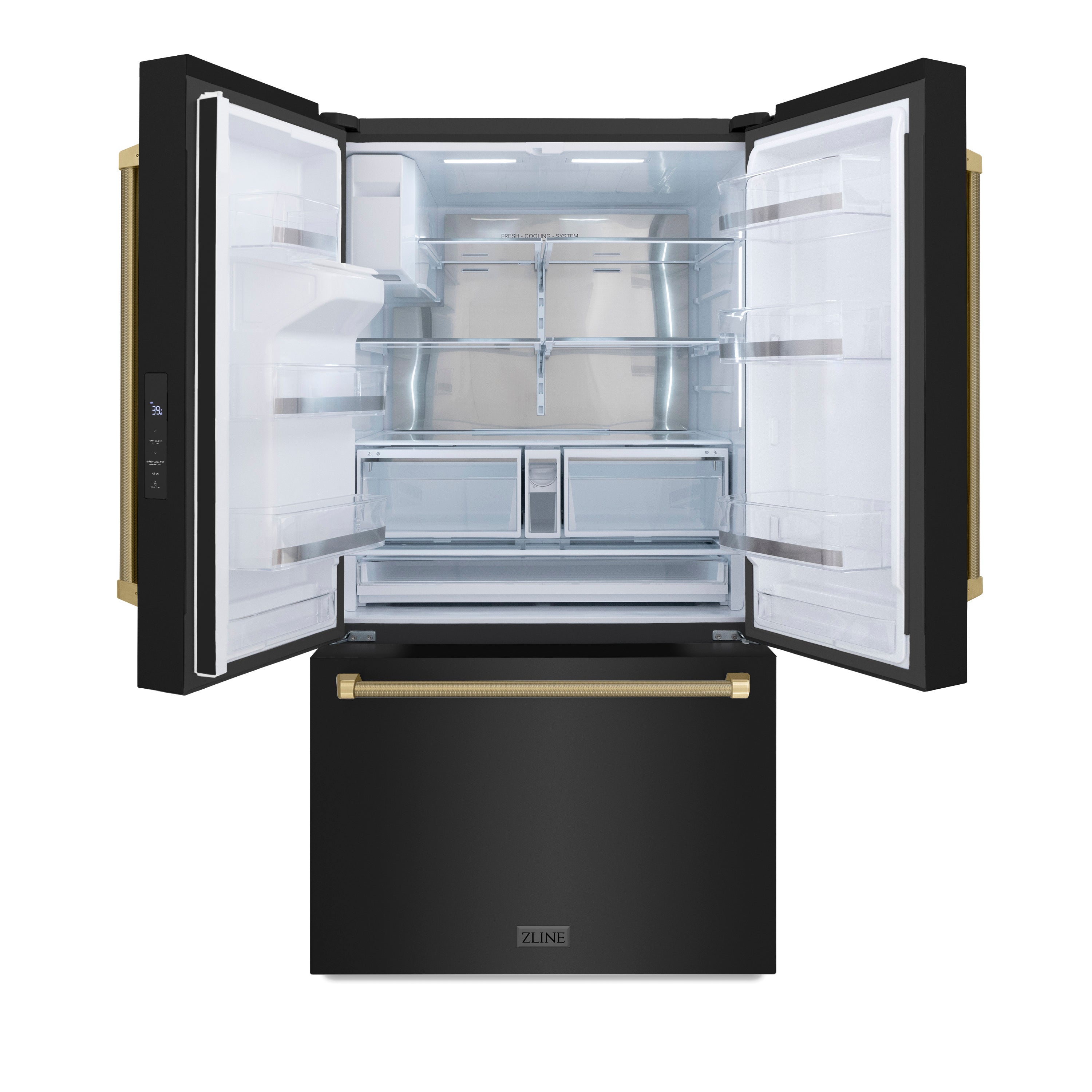ZLINE 36 in. French Door Refrigerator, 28.9 Cu. Ft., Standard Depth, External Water Dispenser, Dual Ice Maker, Black Stainless Steel, Champagne Bronze Handles (RSMZ-W36-BS-KCB)