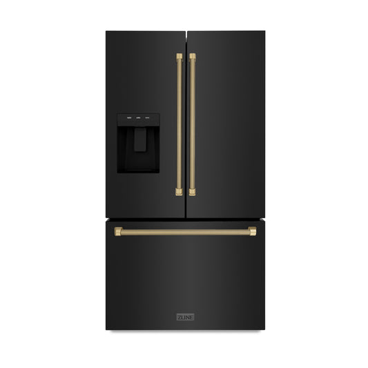 ZLINE 36 in. French Door Refrigerator, 28.9 Cu. Ft., Standard Depth, External Water Dispenser, Dual Ice Maker, Black Stainless Steel, Champagne Bronze Handles (RSMZ-W36-BS-KCB)