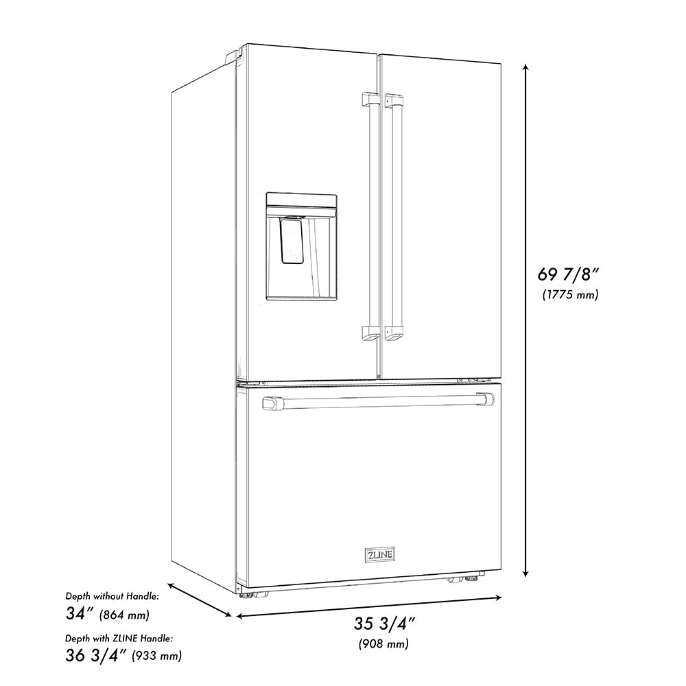 ZLINE 36 in. French Door Refrigerator 28.9 cu. ft. Standard-Depth, External Water Dispenser, Dual Ice Maker, Fingerprint-Resistant Black Stainless Steel, Polished Gold Helix Handles (RSMZ-W-36-BS-KG)