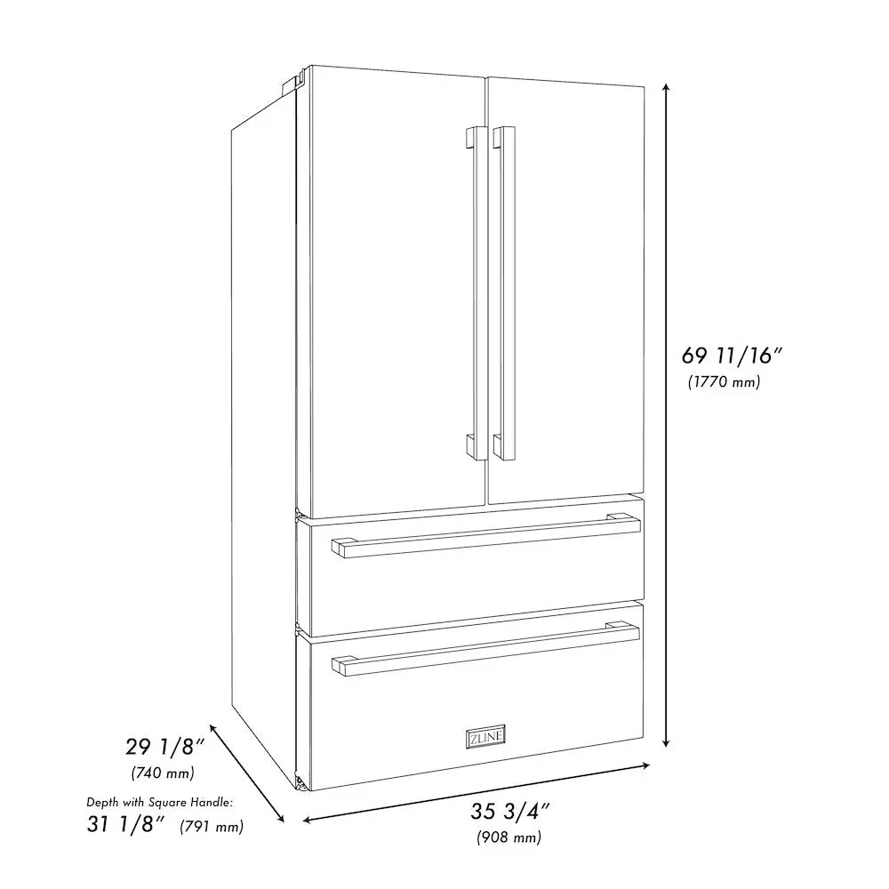 ZLINE 36-Inch Refrigerator 22.5 Cu. Ft. Stainless Steel Ice Maker Gold Square Handles (RFMZ-36-FG)