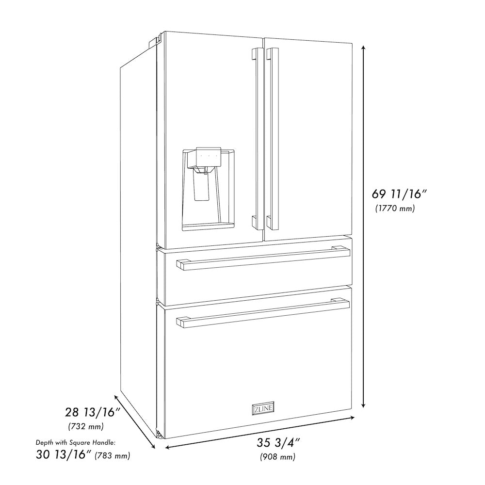 ZLINE 36 in. French Door Refrigerator with Water & Ice Dispenser, Gold Square Handles (RFMZ-W-36-FG)