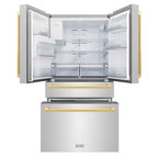 ZLINE 36 in. French Door Refrigerator with Water & Ice Dispenser, Gold Square Handles (RFMZ-W-36-FG)