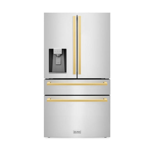ZLINE 36 in. French Door Refrigerator with Water & Ice Dispenser, Gold Square Handles (RFMZ-W-36-FG)