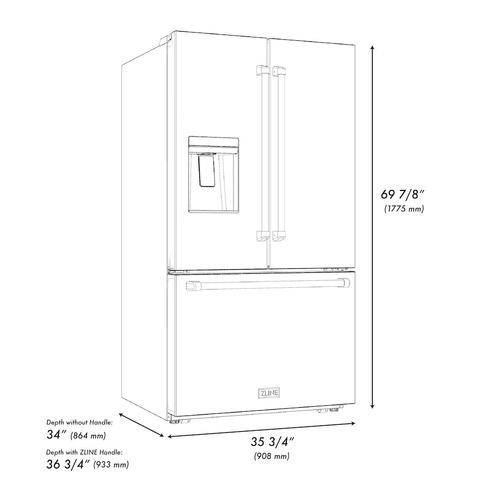 ZLINE 36 in. French Door Refrigerator 28.9 cu. ft. Standard Depth with Water Dispenser Dual Ice Maker Stainless Steel Champagne Bronze Handles (RSMZ-W-36-CB)