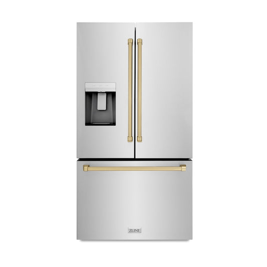 ZLINE 36 in. French Door Refrigerator 28.9 cu. ft. Standard Depth with Water Dispenser Dual Ice Maker Stainless Steel Champagne Bronze Handles (RSMZ-W-36-CB)