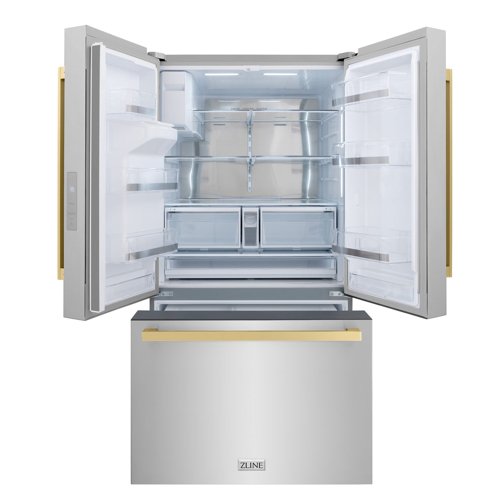 ZLINE 36 in. French Door Refrigerator 28.9 cu. ft. Standard-Depth, Water Dispenser, Dual Ice Maker, Stainless Steel, Bronze Handles (RSMZ-W-36-FCB)