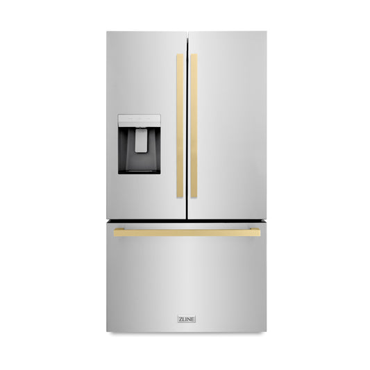 ZLINE 36 in. French Door Refrigerator 28.9 cu. ft. Standard-Depth, Water Dispenser, Dual Ice Maker, Stainless Steel, Bronze Handles (RSMZ-W-36-FCB)