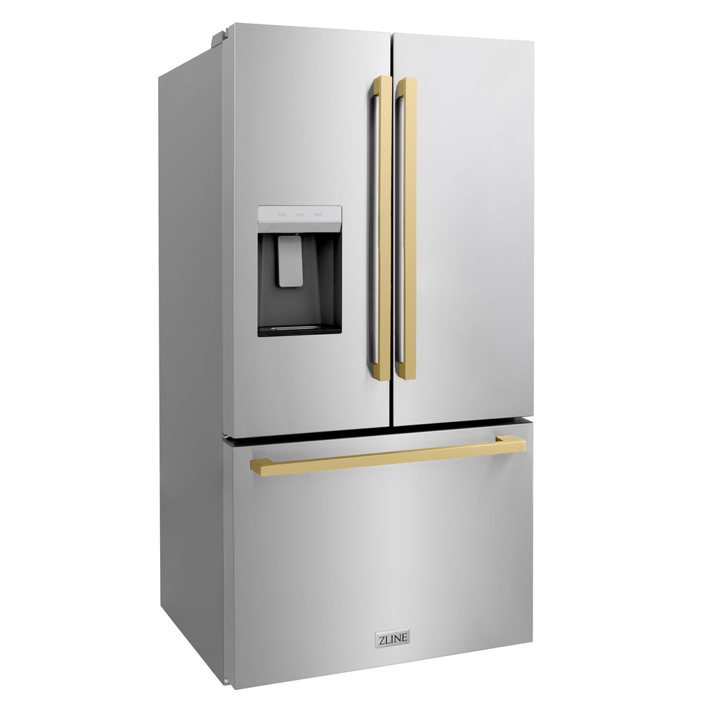 ZLINE 36 in. French Door Refrigerator 28.9 cu. ft. Standard-Depth, Water Dispenser, Dual Ice Maker, Stainless Steel, Bronze Handles (RSMZ-W-36-FCB)