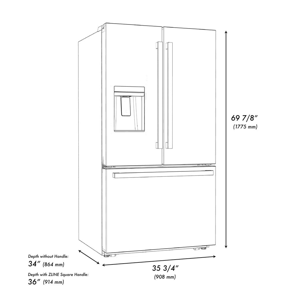 ZLINE 36 in French Door Refrigerator 28.9 cu. ft. Standard Depth Water Dispenser Dual Ice Maker Stainless Steel Gold Square Handles (RSMZ-W-36-FG)