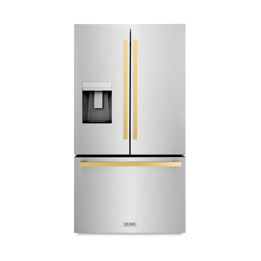 ZLINE 36 in French Door Refrigerator 28.9 cu. ft. Standard Depth Water Dispenser Dual Ice Maker Stainless Steel Gold Square Handles (RSMZ-W-36-FG)
