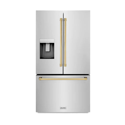 ZLINE Kitchen and Bath 36 in. French Door Refrigerator 28.9 cu. ft. Standard Depth Water Dispenser Dual Ice Maker Stainless Steel Gold Handles (RSMZ-W-36-G)