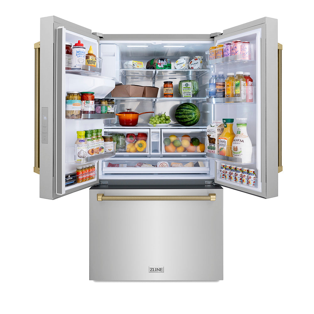 ZLINE 36 in. French Door Refrigerator 28.9 Cu. Ft. Standard-Depth Fingerprint-Resistant Stainless Steel External Water Dispenser Dual Ice Maker Champagne Bronze Helix Handles (RSMZ-W-36-KCB)